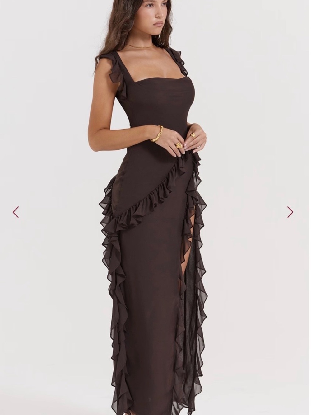 House of CB Dark Brown Ruffle-Trim Maxi Dress